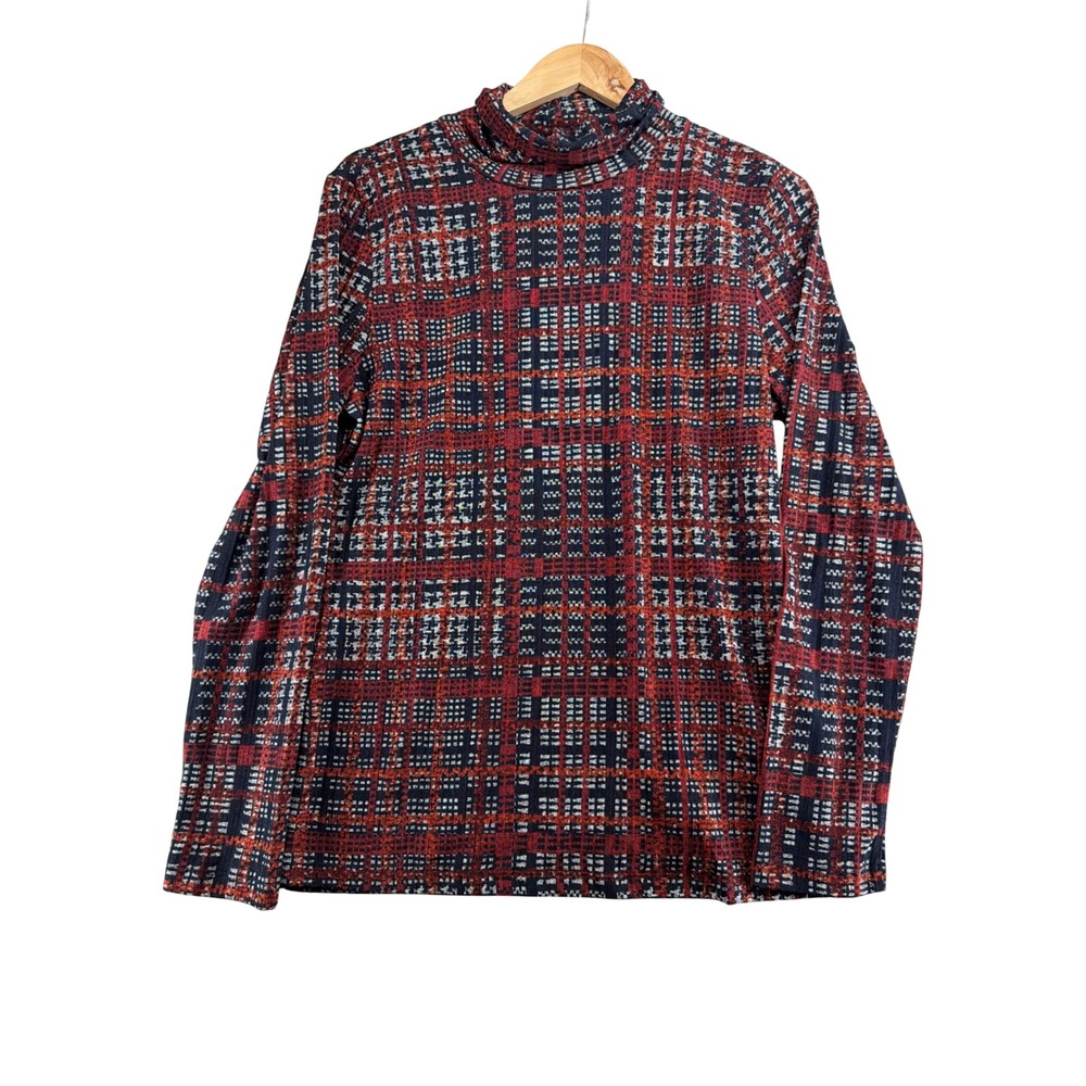 DKNY Womens Red Navy Plaid Turtleneck Long Sleeve Ribbed Lined Top Size Large